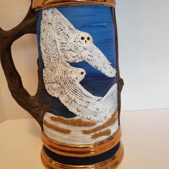 Large Vintage 90s Pottery Stein With Flying  Snow Owls and Tree Branch Handle. - Picture 3 of 9